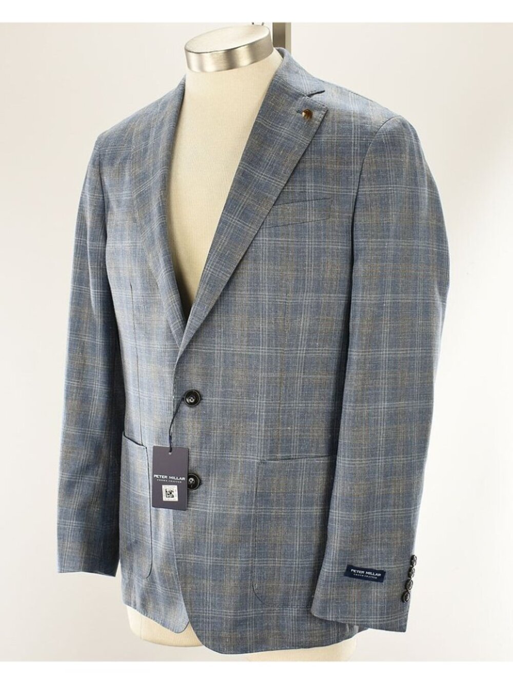 PETER MILLAR Blue Pearl Plaid ANDOVER Wool Silk Linen Blend Sport Coat 38 R NWT